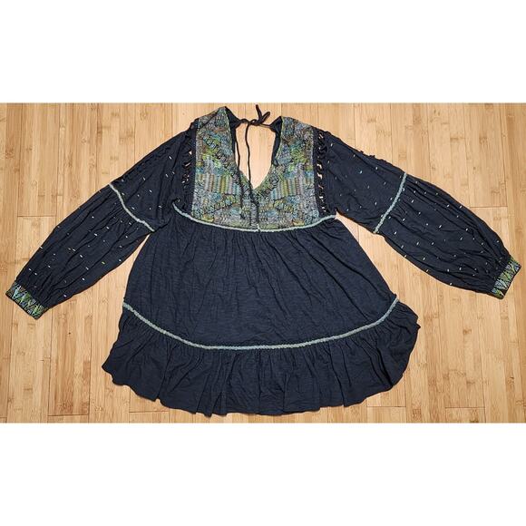 Free People Much Love Embroidered Tunic Top Mini Dress Black Womens Size Medium - Picture 1 of 8